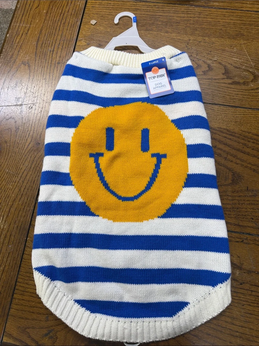 Top Paw Blue, White & Yellow Striped Dog Sweater with Smiley